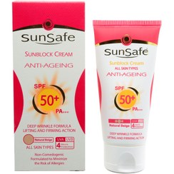 تصویر کرم ضد آفتاب و ضد چروک سان سیف SPF50 رنگ طبیعی 50 میل Sunsafe Anti Ageing Sunscreen Cream SPF50 Natural Beige 50ml