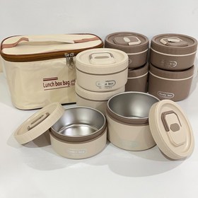 تصویر لانچ باکس ۴تایی با کاور، داخل ظرف جنس استیل، بدنه پلاستیک فشرده 