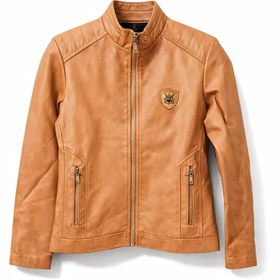 تصویر کت چرم پسرانه عسلی داخل خز مناسب برای نوجوانان زیر 16 سال - سایز 