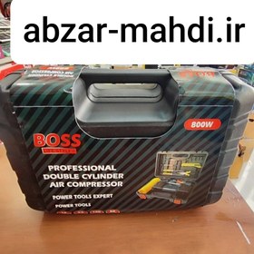 تصویر کمپرسور فندکی دوسیلندر باس مدل DC12V با تمام وسایل پنچرگیری و کیف BMC BOSS