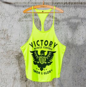 تصویر رکابی بدنسازی بند باریک مردانه حرفه ای مدل VICTORY پارچه سوزنی تنفسی ضد تعریق رنگ سبز فسفری با کیفیت 