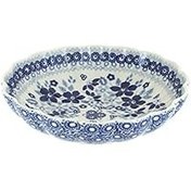 تصویر کاسه گوش ماهی سفالی لهستانی رز آبی وینتیج آبی Dasiy Blue Rose Polish Pottery Vintage Blue Dasiy Scallop Bowl