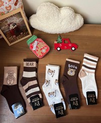 تصویر جوراب ساق بلند طرح تدی - راه راه کرم قهوه ای 