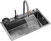 تصویر Stainless Steel Sink With Waterfall Spout Black Kitchen Sink Thickened Single Bowl Sink With Cup Washer Complete With Accessories (Color : Black, Size : 80x45cm) 