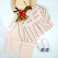 تصویر ست بلوز و شلوار دخترانه لینن تابستانی طرح راه‌راه 