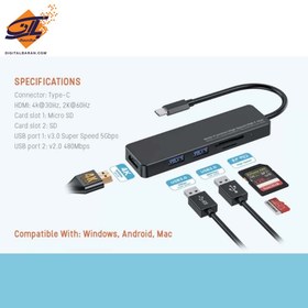 تصویر هاب 5 پورت یو اس بی پرودو بلو Porodo Blue 5-Port USB-C HUB PB-51HBC-BK 