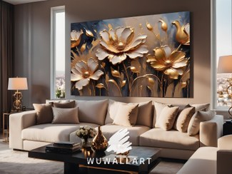 تصویر تابلو گل سه‌بعدی طلایی طراحی مدرن و لوکس 