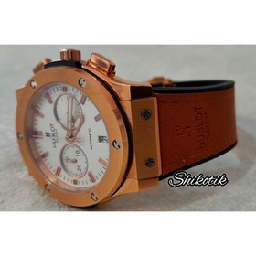 تصویر ساعت مچی HUBLOT مدل GENEVE ( اورجینال) - قاب و اعداد رزگلد صفحه مشکی و بند به رنگ خردلی 