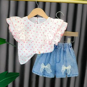 تصویر ست شومیز و شلوارک خال خالی دخترانه 106 - مشکی / سایز S Girl's polka dot blouse and shorts