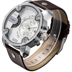 تصویر CAGARNY 6818 Fashionable DZ Style Large Dial Dual Clock Quartz Movement Sport Wrist Watch with Leather Band & Calendar Function for Men(Brown Band Silver Case) 