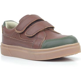 تصویر کفش ورزشی بچگانه چسبی با رنگ قهوه‌ای و سبز از جنس چرم برند rakerplus Brown Green Leather Velcro Kids Sneakers