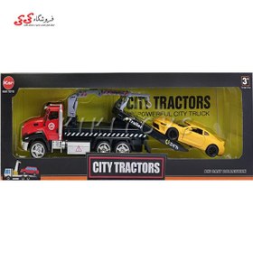 تصویر ماکت تریلی فلزی یدک کش قرمز با ماشین زرد CITY TRACTORS 2212 