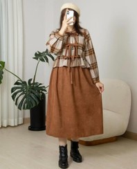 تصویر کت و دامن هلین - کرم قهوه ای / فری سایز تا ۴۶ 