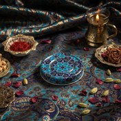 تصویر قوطی فلزی زعفران طرح فیروزه ای دو طرفه 