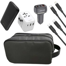 تصویر کیف لوازم جانبی مسافرتی همراه با شارژر دیواری، کابل شارژ، شارژر فندکی و پاوربانک گرین GNCTRV6N1BAG 