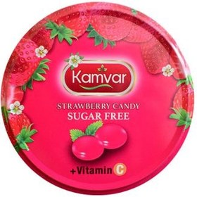 تصویر آبنبات بدون قند و رژیمی کامور حاوی ویتامین سی طعم توت فرنگی قوطی 64 عددی Sugar Free Candy