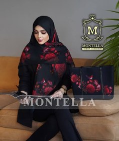 تصویر ست کیف و روسری زنانه رنگ مشکی قرمز گلدار زیبا با کیف کوچک دسته زنجیری ارسال رایگان کد mo11 