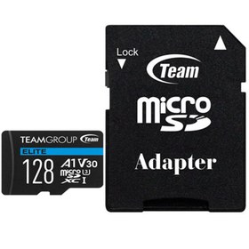 تصویر رم میکرو 128 گیگ تیم گروپ TeamGroup A1 V30 U3 100MB/s + خشاب TeamGroup A1 V30 U3 C10 100MB/s 128GB Micro SD Memory Card With Adapter