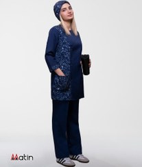 تصویر روپوش طرحدار ترکیبی سرمه ای خرید روپوش زنانه سرمه ای