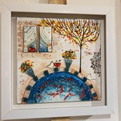 تصویر قاب شیشه ای دستساز طرح نقاشی حوض ماهی و خانه قدیمی ایرانی سایز 35 در 35 سانتیمتر کد 005 