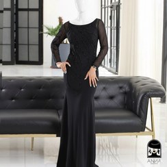 تصویر پیراهن مجلسی زنانه ابریشم کرپ سنگ دوزی سایز ۵۰ مشکی 