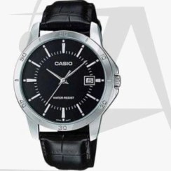 تصویر ساعت مچی بند چرم صفحه مشکی casio 