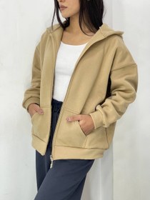 تصویر سویشرت کلاهدار دورس سه‌ نخ جلوزیپ فری‌سایز گرم - کرم 