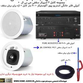 تصویر مجموعه کامل ۴ اسپیکر سقفی جی بی ال مدل JBL CONTROL 24 + آمپلی فایر استریو پیور آکوستیکز مدل PURE ACOUSTICS AV-4020 