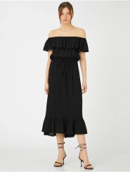 تصویر لباس میدی دور کمر کراوات شانه دار برند Koton (کوتون) به رنگ مشکی در دسته لباس مجلسی و شومیز 