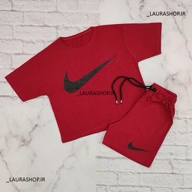 تصویر ست کراپ شورتک نخ پنبه طرح نایک زنانه و دخترانه فری سایز 36 تا42 Cotton crop shorts set, Nike design for women and girls, size 36 to 42,