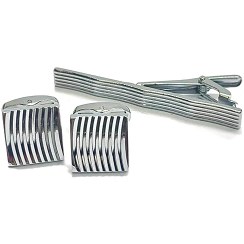 تصویر ست دکمه و گیره کراوات نقره‌ای - مدل خط‌دار 