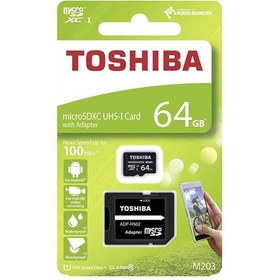 تصویر کارت حافظه microSDXC توشیبا مدل M203 ظرفیت 64 گیگابایت Toshiba M203 Class 10 UHS-I U1 100MBps SDXC 64GB With Adaptor