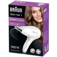 تصویر سشوار سفید برند ساتین هیر HD180 1 پاور پرفکشن برند braun Satin Hair HD180 1 Power Perfection Dryer White
