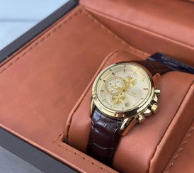 تصویر ساعت بندچرمی قهوه ای زنانه الگانس قاب طلایی مدل ۲۰۳۹L Elegance women's brown leather watch with gold frame, model 2039L