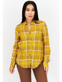 تصویر بلوز آستین بلند چهارخانه با یقه پخش مخصوص زنان، ترکیب رنگ نارنجی برند s.oliver Women Spread Collar Plaid Long Sleeves Blouse, Orange Combo