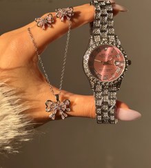 تصویر ساعت رولکس نگین دار زنونه رنگی - صورتی 