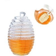 تصویر ظرف عسل خوری اکریلیک متالیک نشکن قاشق دار طرح کندو Unbreakable metallic acrylic honey container with beehive design spoon