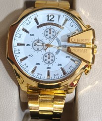 تصویر ساعت دیزل تاریخ دار بند استیل طلایی 