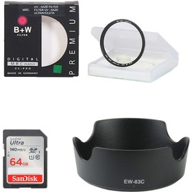 تصویر کیت دانشجویی فیلتر B+W UV 58mm ، کارت حافظه سن دیسک SD 64G 140mb/s و هود لنز کانن EW-63C 