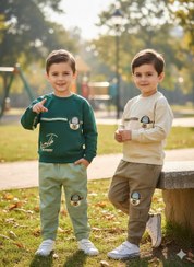 تصویر بلوز شلوار بچگانه طرح خرس نواری رنگ کرم نسکافه ای 