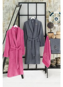 تصویر ست ۴ عددی حوله و روپوش حمام به رنگ خاکستری و فوشیا برند casnack Gray Fuchsia Towel Bathrobe Set of 4