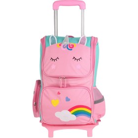 تصویر کوله پشتی چرخ دار دخترانه یونیکورن طرح رنگین کمانی کد BP-02 ا Unicorn wheeled backpack for girls, rainbow design code BP-02 Unicorn wheeled backpack for girls, rainbow design code BP-02