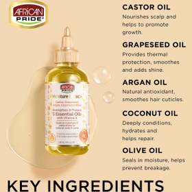 تصویر روغن موی تقویت کننده و محافظ مو African Pride African Pride MOISTURE MIRACLE CASTOR, GRAPESEED, ARGAN, COCONUT &amp; OLIVE 5 ESSENTIAL OILS 118 ml