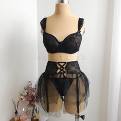 تصویر ست لباس زیر زنانه فنردار دامنی و جوراب‌دار مشکی کد 3208 