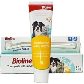 تصویر ست مسواک و خمیر دندان سگ و گربه بایولاین مدل آنزیم دار Bioline Toothpaste With Enzyme وزن 50 گرم 