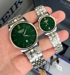 تصویر ساعت سیکو ست زنانه مردانه سیکو اکسکلوسیو مدل 3207 رنگ طلایی نقره ای صفحه سبز 