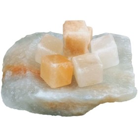 تصویر دکوری سنگ نمک بشقاب دفرمه و ۵ عدد کوبیک نمکی مدل 01 