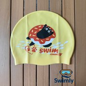 تصویر کلاه شنا سیلیکونی طرح دار گربه - زرد 