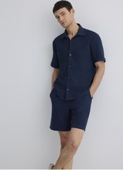 تصویر پیراهن کتان آبی کوتاه آستین Loose Fit / Bol Rahat Kesim 0211530-7 | Mavi | 927942570 | اورجینال 