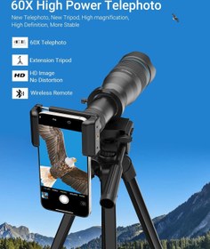 تصویر تلسکوپ و پایه دوربین مخصوص موبایل APEXEL High Power 60X HD Telephoto Lens, High Power Telephoto Mobile Cell Phone Lens with Extension Tripod and Wireless Remote for iPhone 15 Pro/14 Pro/13 Pro, Samsung and Most Smartphone.